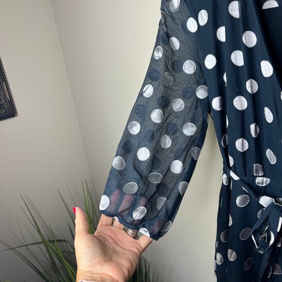 Charles Henry BRAND NEW Navy Polka Dot Wrap Dress Size Large Sheer Long Sleeves - Picture 3 of 9